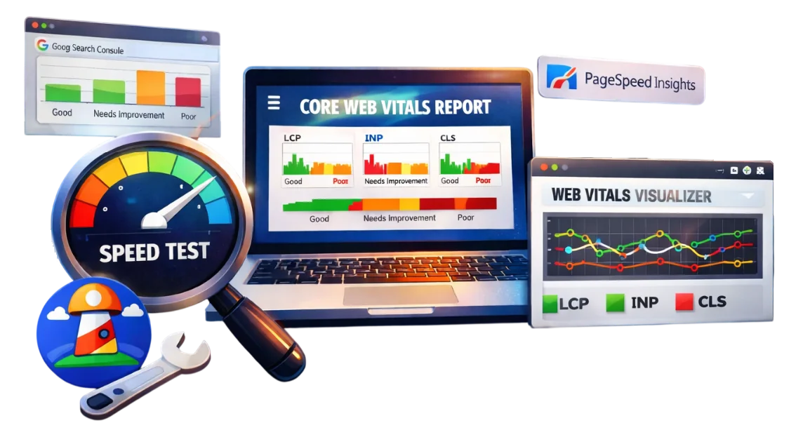 How to Check Core Web Vitals: GSC, PageSpeed, Lighthouse, Chrome DevTools Performance tab, Web Vitals Visualizer Extension